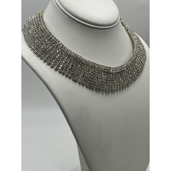 Natasha Crystal Rhinestone Bling Silver Tone Statement Dressy Collar Necklace - Picture 2 of 8